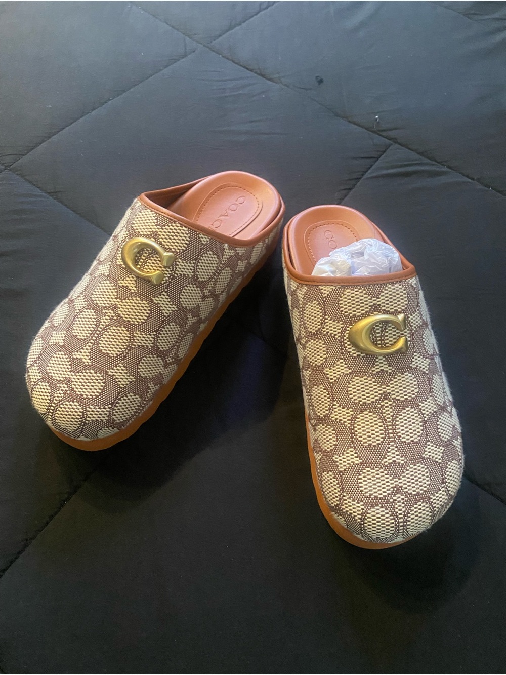 Coach Beige & Brown Signature Canvas Clogs with Gold 'C' Hardware